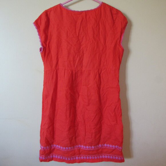 Boden 100% Linen Red Orange Pink Embroidered Shift Dress 8 Short Sleeve V Neck - Picture 2 of 4